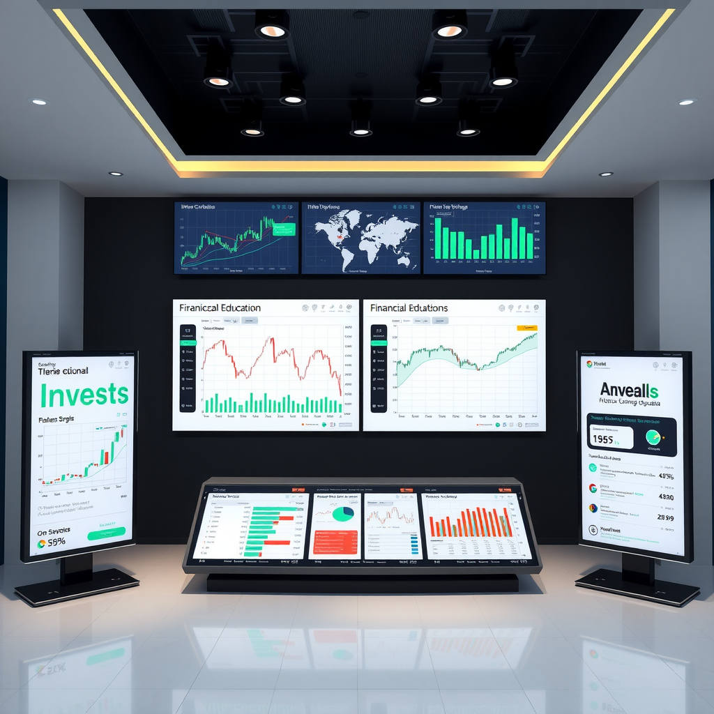 Modern investment education platform with financial charts, graphs, and learning materials displayed on digital screens, representing accessible financial knowledge for Quebec investors