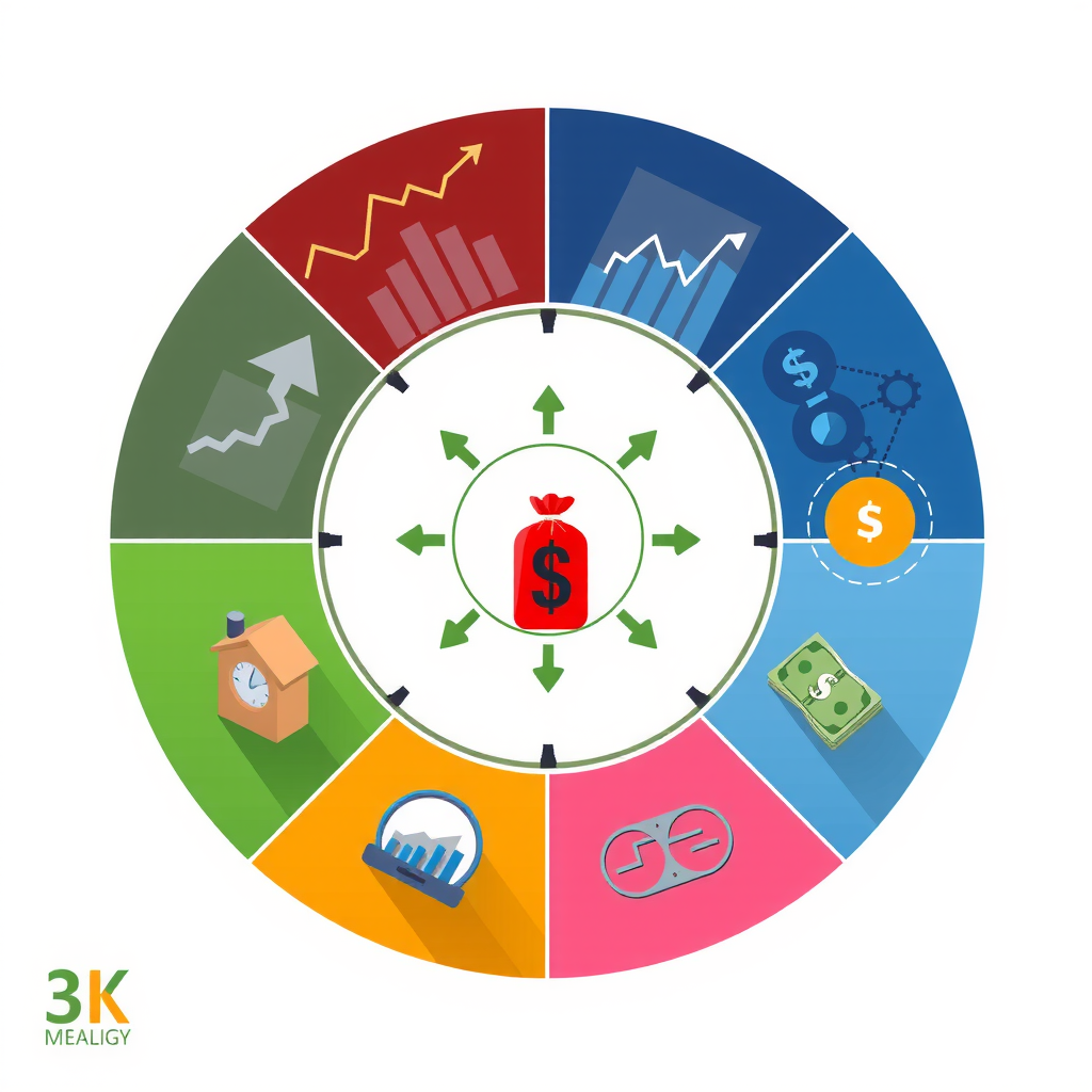 Illustration conceptuelle montrant différents types d'actifs financiers disposés en cercle - actions, obligations, immobilier, liquidités - représentant la diversification d'un portefeuille d'investissement équilibré avec des graphiques et des icônes modernes sur fond professionnel