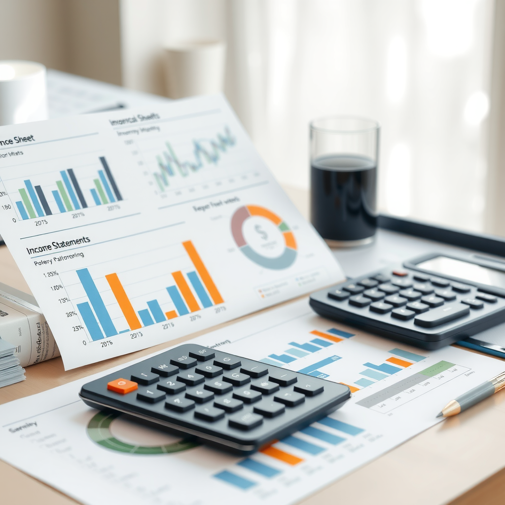 Vue d'ensemble d'états financiers professionnels avec graphiques et calculatrice sur un bureau moderne, montrant des bilans, états des résultats et tableaux de flux de trésorerie avec des indicateurs de performance clés surlignés