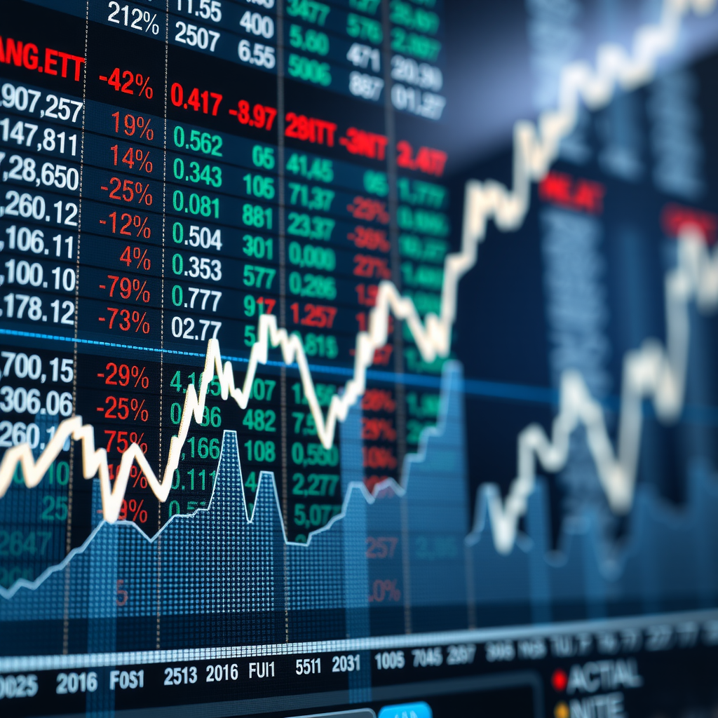 Graphique de marché avec courbes ascendantes et descendantes, représentant la performance d'indices boursiers au fil du temps, avec des données financières en arrière-plan