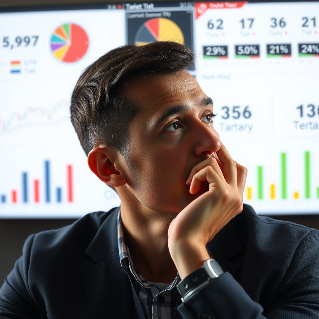 Personne réfléchissant à ses décisions d'investissement avec des graphiques et des tableaux en arrière-plan, représentant l'auto-évaluation de la tolérance au risque