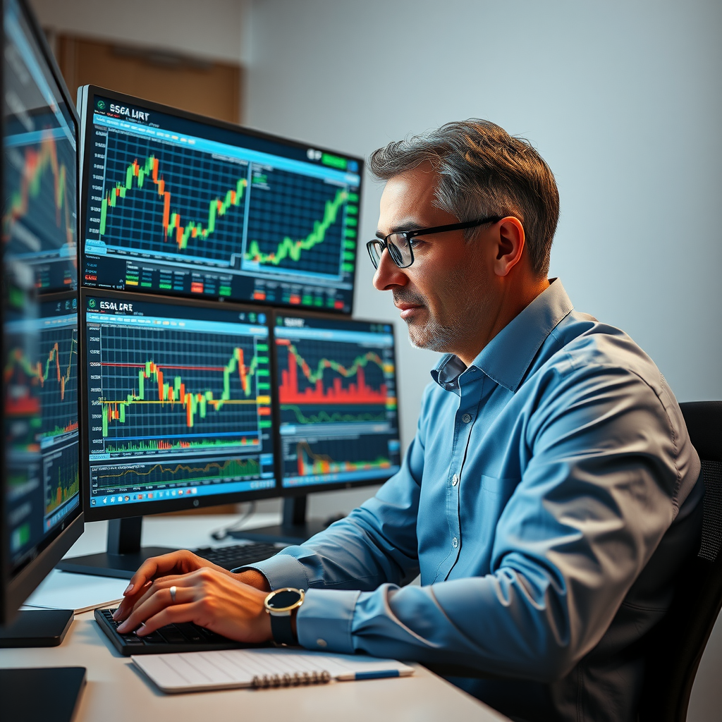 Professional investor analyzing financial charts and market data on multiple screens, studying investment fundamentals and portfolio management strategies