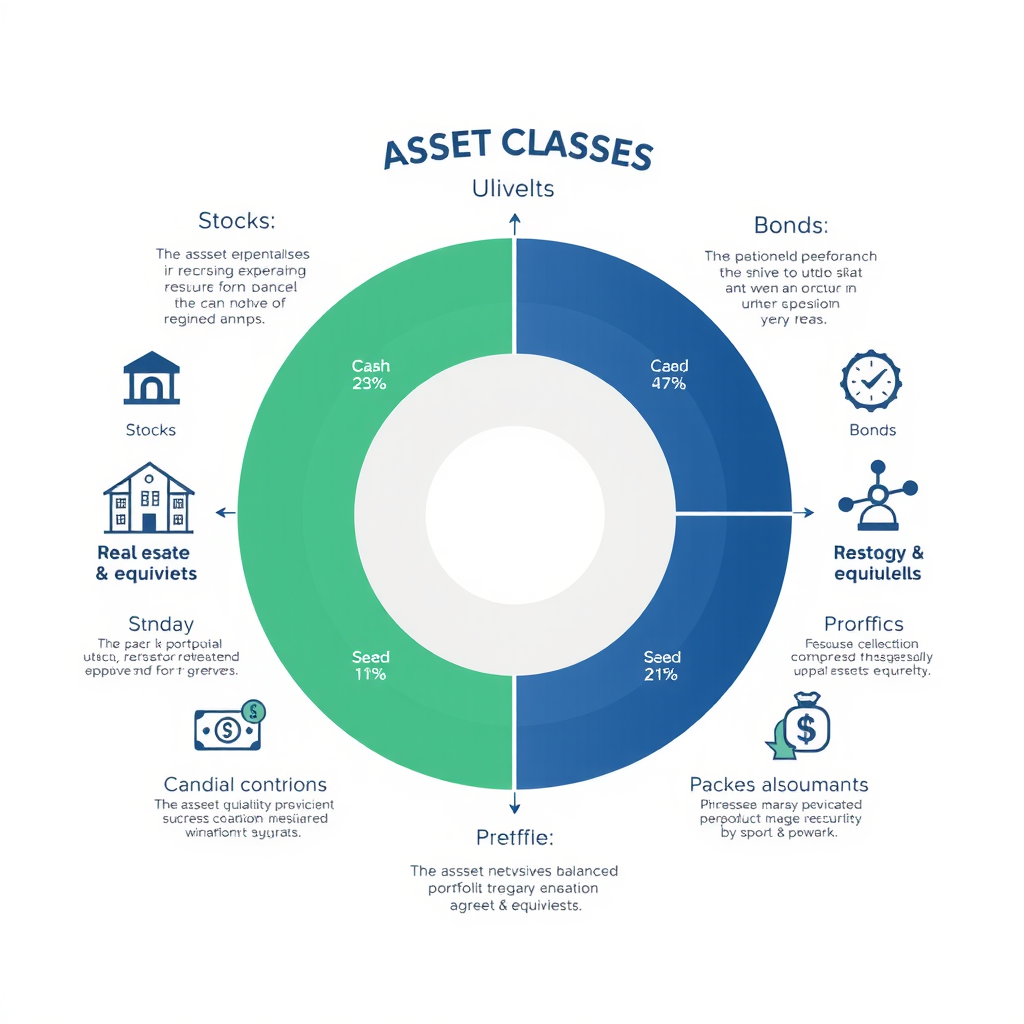 Diagramme éducatif illustrant les principales classes d'actifs - actions, obligations, immobilier, liquidités et équivalents - avec des icônes représentatives et des pourcentages d'allocation typiques pour un portefeuille équilibré canadien