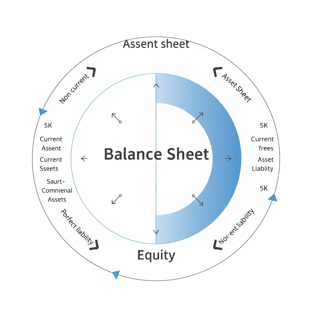 Diagramme détaillé d'un bilan comptable montrant la structure actif-passif avec des sections clairement identifiées pour les actifs courants, actifs non courants, passifs courants, passifs non courants et capitaux propres, avec des flèches indiquant les relations entre les éléments