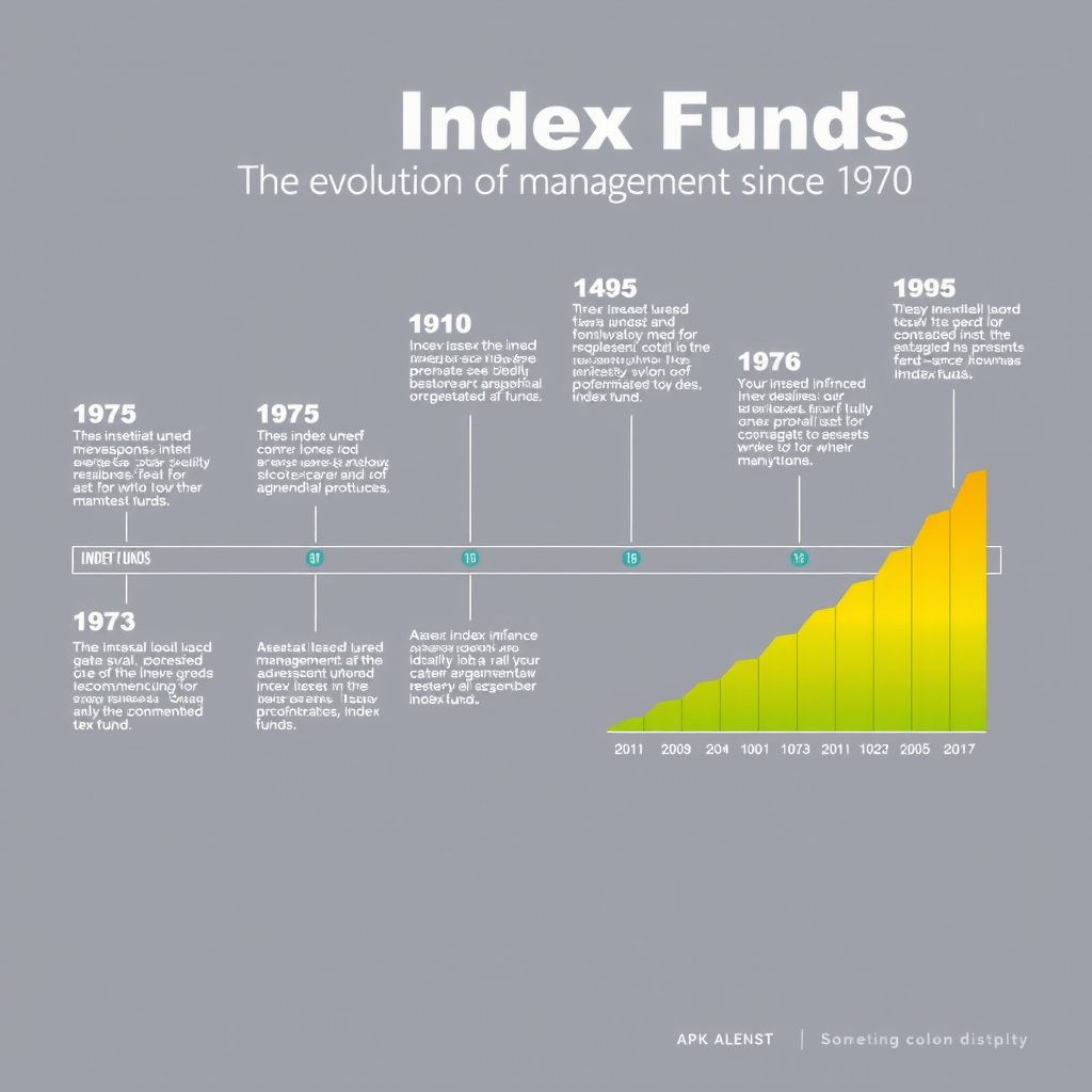 Ligne du temps illustrant l'évolution des fonds indiciels depuis 1970, avec jalons historiques majeurs et graphique de croissance des actifs sous gestion