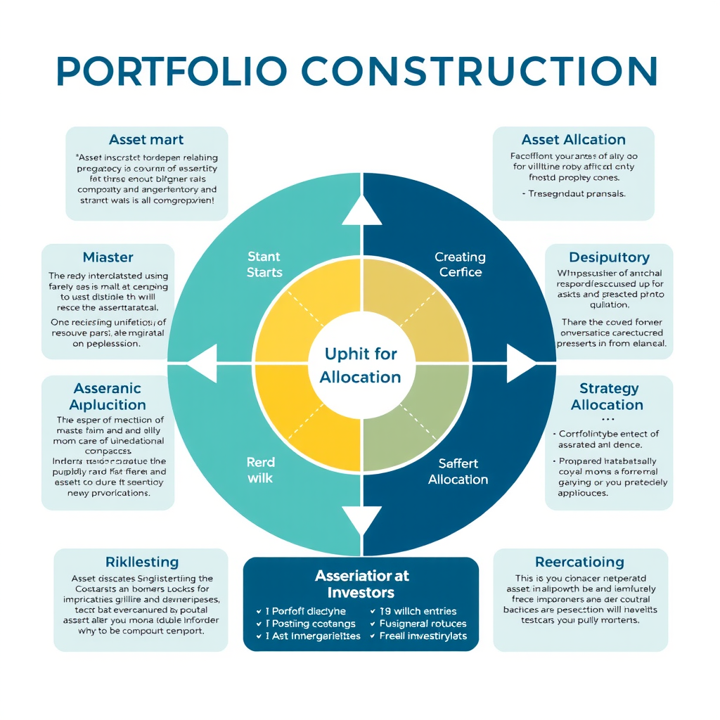 Guide visuel de construction de portefeuille montrant la diversification d'actifs, l'allocation stratégique et les principes de gestion de risque pour investisseurs