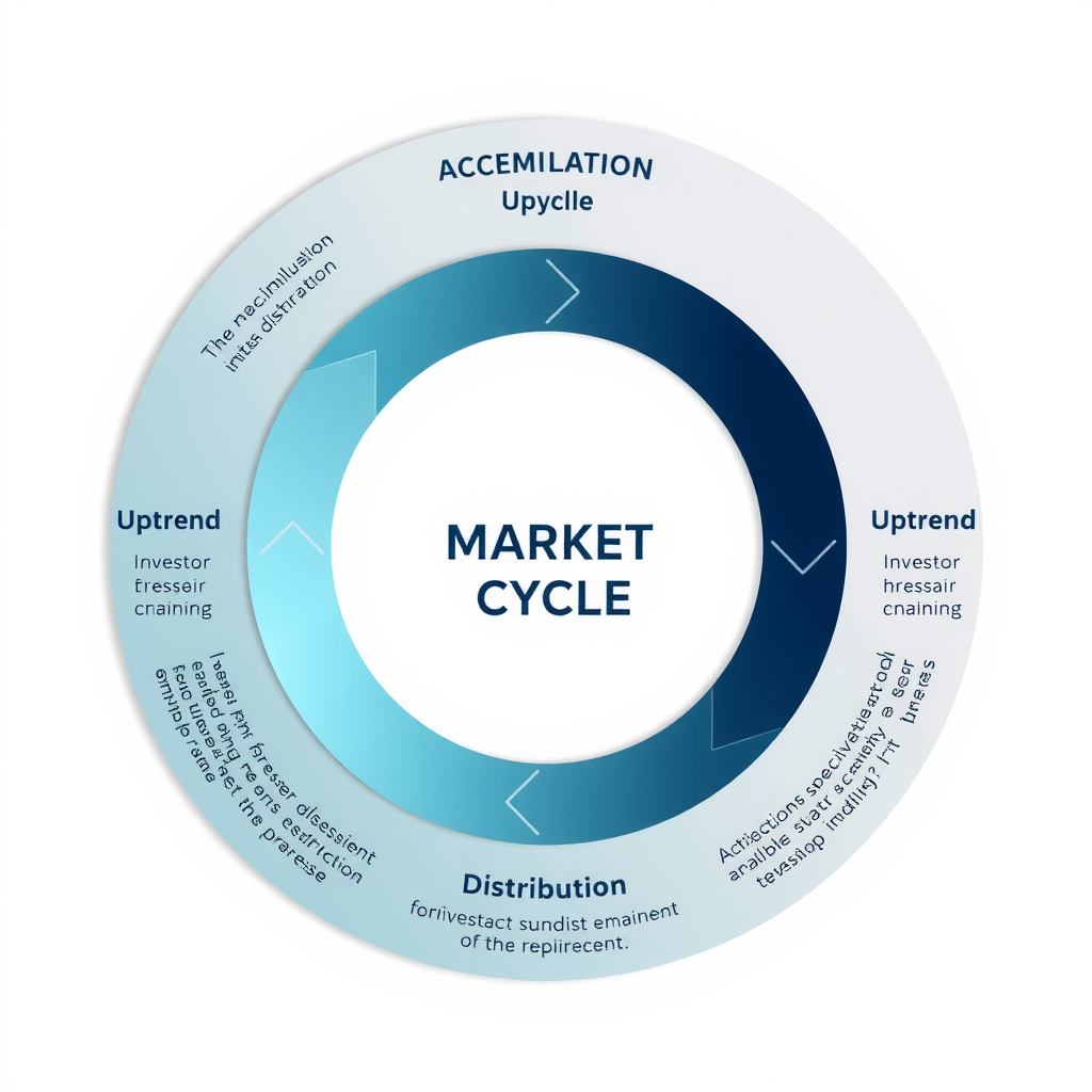 Diagramme circulaire illustrant les quatre phases du cycle de marché - accumulation, hausse, distribution et baisse - avec des flèches indiquant la progression cyclique et des exemples de comportements d'investisseurs à chaque étape