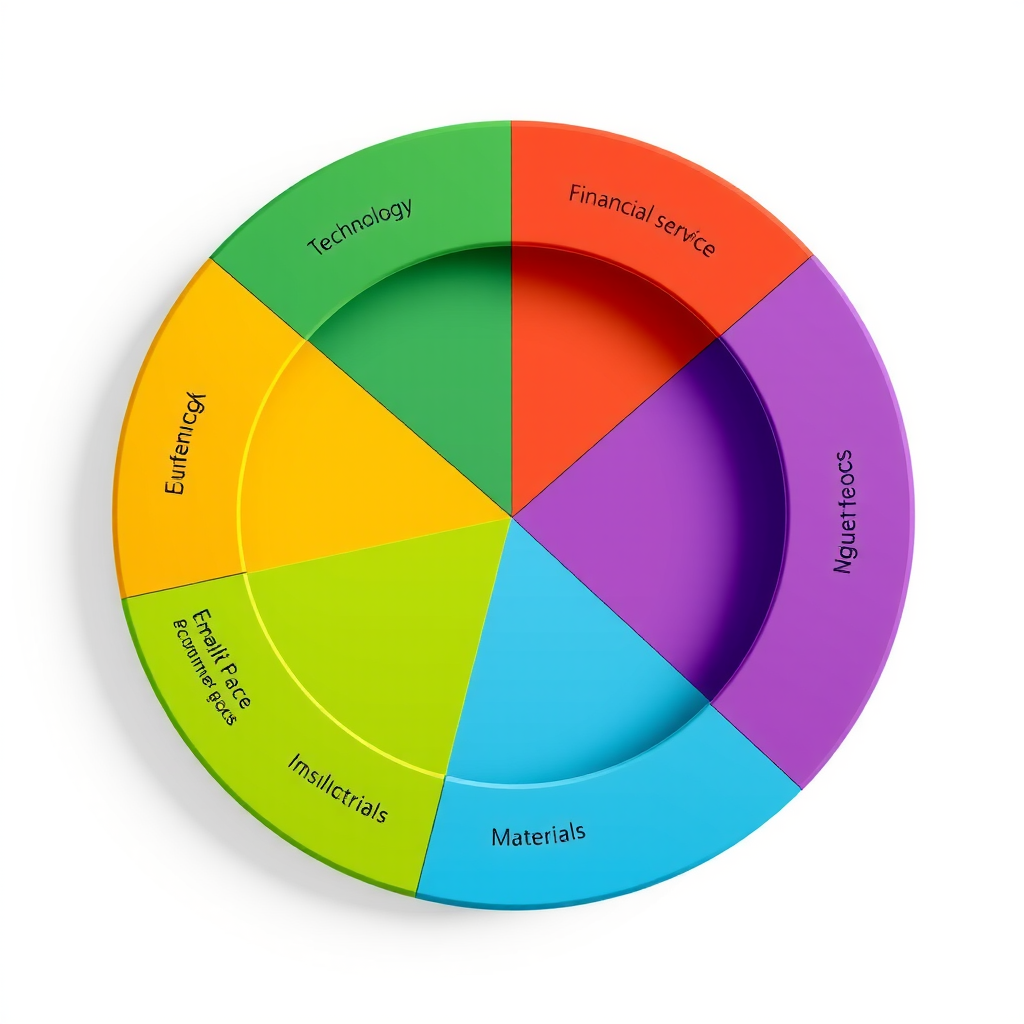 Graphique circulaire coloré montrant la répartition sectorielle d'un portefeuille diversifié incluant la technologie, les services financiers, la santé, l'énergie, les biens de consommation, l'industrie et les matériaux avec des pourcentages pour chaque secteur