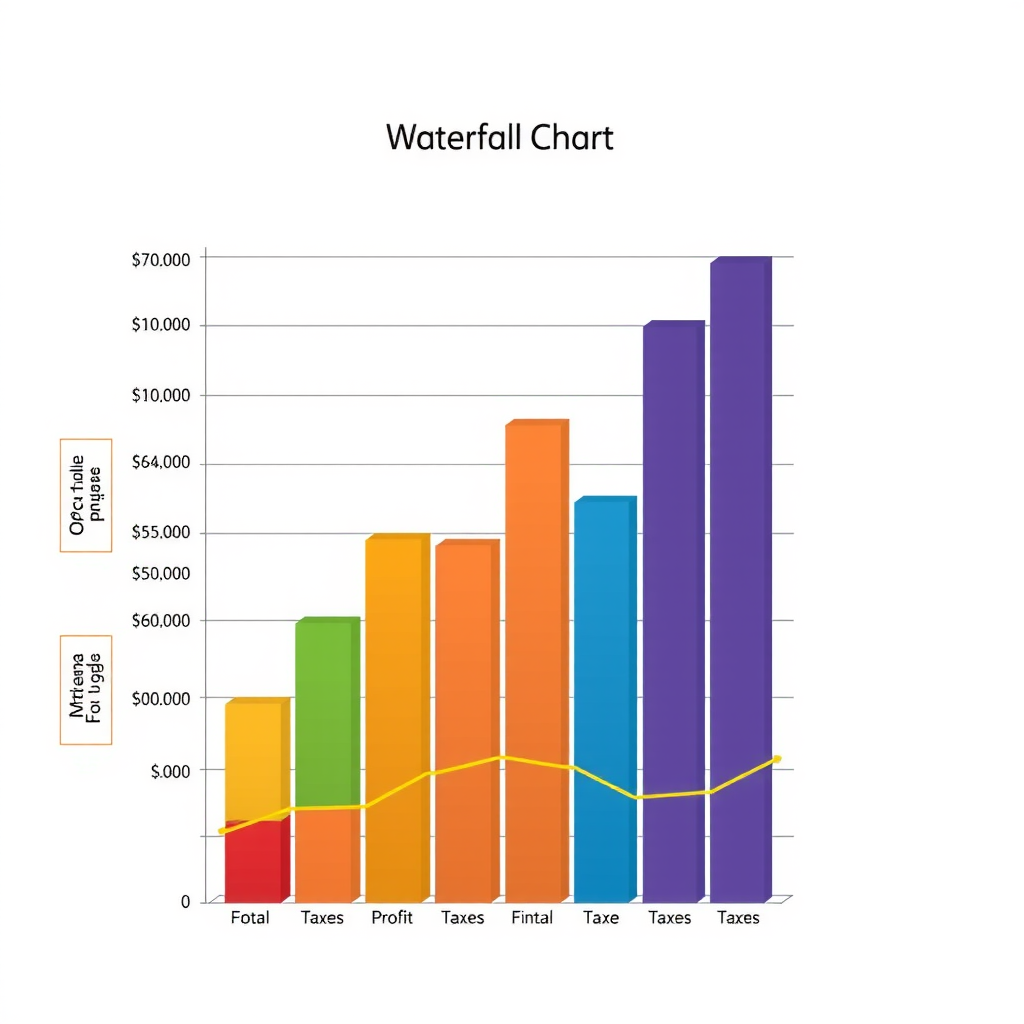 Graphique en cascade montrant la progression d'un état des résultats depuis les revenus totaux jusqu'au bénéfice net, avec des barres colorées représentant les revenus, le coût des ventes, les dépenses d'exploitation, les intérêts, les impôts et le résultat final