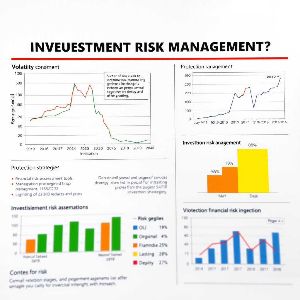 Illustration de la gestion des risques d'investissement avec diagrammes de volatilité, stratégies de protection et outils d'évaluation des risques financiers
