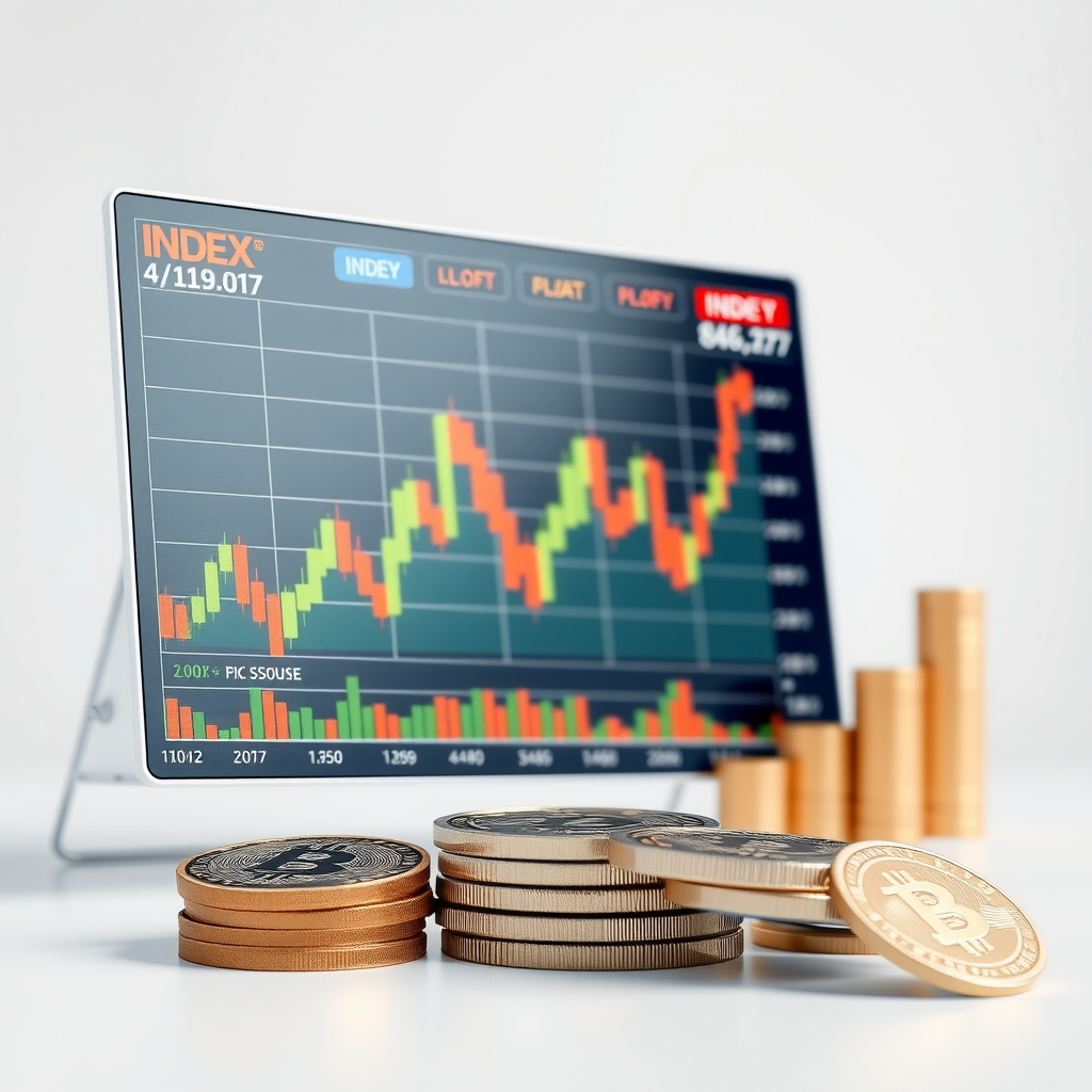 Représentation visuelle d'un fonds indiciel suivant un indice boursier majeur, avec des graphiques montrant la performance du marché et des symboles représentant la gestion passive