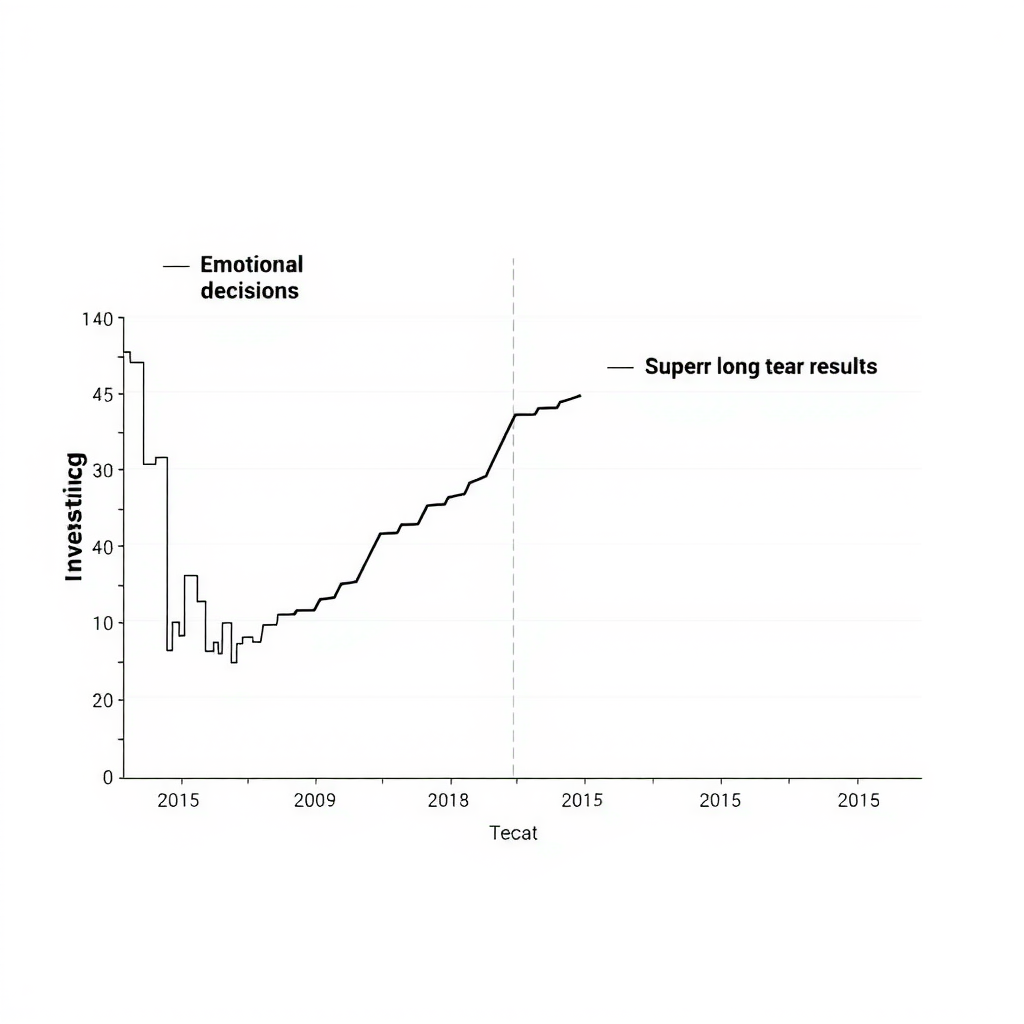 Graphique comparatif montrant deux courbes d'investissement - une ligne erratique représentant les décisions émotionnelles avec des achats hauts et des ventes basses, et une ligne stable représentant l'approche disciplinée avec des résultats supérieurs à long terme