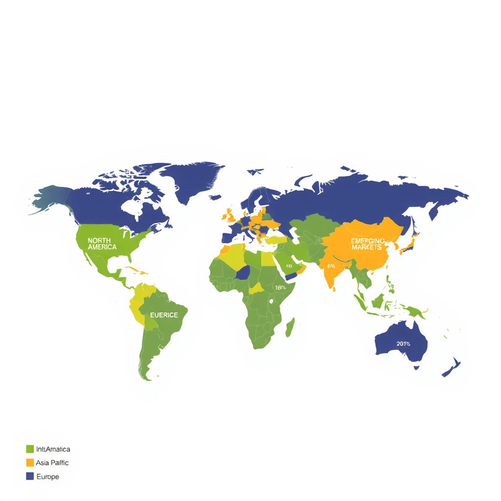 Carte du monde stylisée montrant les principales régions d'investissement - Amérique du Nord, Europe, Asie-Pacifique, Marchés émergents - avec des indicateurs de pourcentage d'allocation et des icônes représentant les opportunités d'investissement dans chaque région
