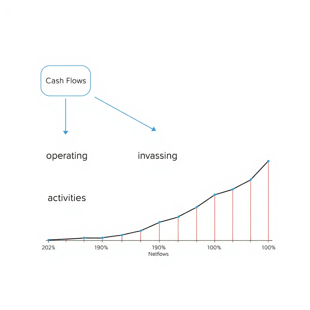 Diagramme de flux montrant les trois catégories de flux de trésorerie - activités d'exploitation, d'investissement et de financement - avec des flèches indiquant les entrées et sorties d'argent, et un graphique linéaire montrant l'évolution de la trésorerie nette sur plusieurs périodes