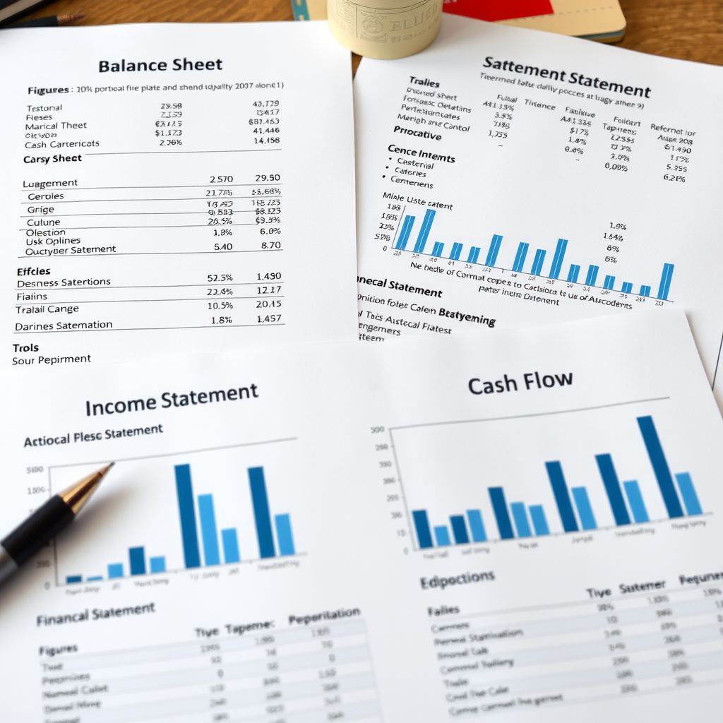 Documents financiers d'entreprise montrant un bilan, un état des résultats et un tableau des flux de trésorerie avec des chiffres, graphiques et indicateurs de performance