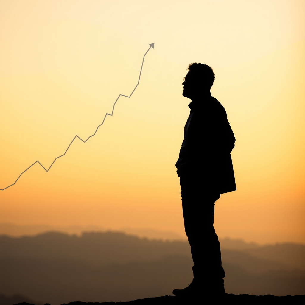 Silhouette d'un investisseur confiant regardant vers l'horizon avec un graphique de croissance à long terme en arrière-plan, symbolisant la patience, la discipline et la perspective à long terme nécessaires pour réussir en investissement malgré la volatilité