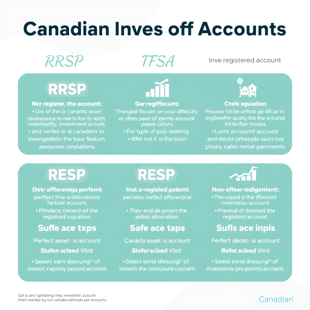 Infographie éducative montrant les différents types de comptes d'investissement canadiens - REER, CELI, REEE, compte non enregistré - avec leurs avantages fiscaux respectifs et des exemples d'allocation d'actifs optimale pour chaque type de compte
