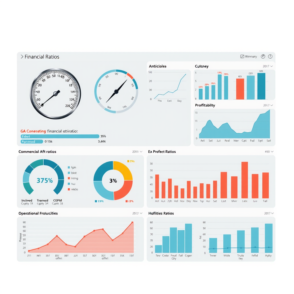 Tableau de bord analytique montrant divers ratios financiers clés avec des jauges, graphiques circulaires et barres de progression pour illustrer la liquidité, la solvabilité, la rentabilité et l'efficacité opérationnelle d'une entreprise