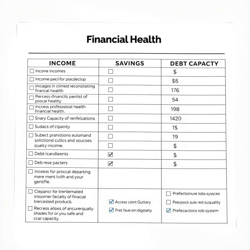Liste de vérification de la santé financière avec des indicateurs de revenus, d'épargne et de dettes, illustrant les facteurs de capacité de risque