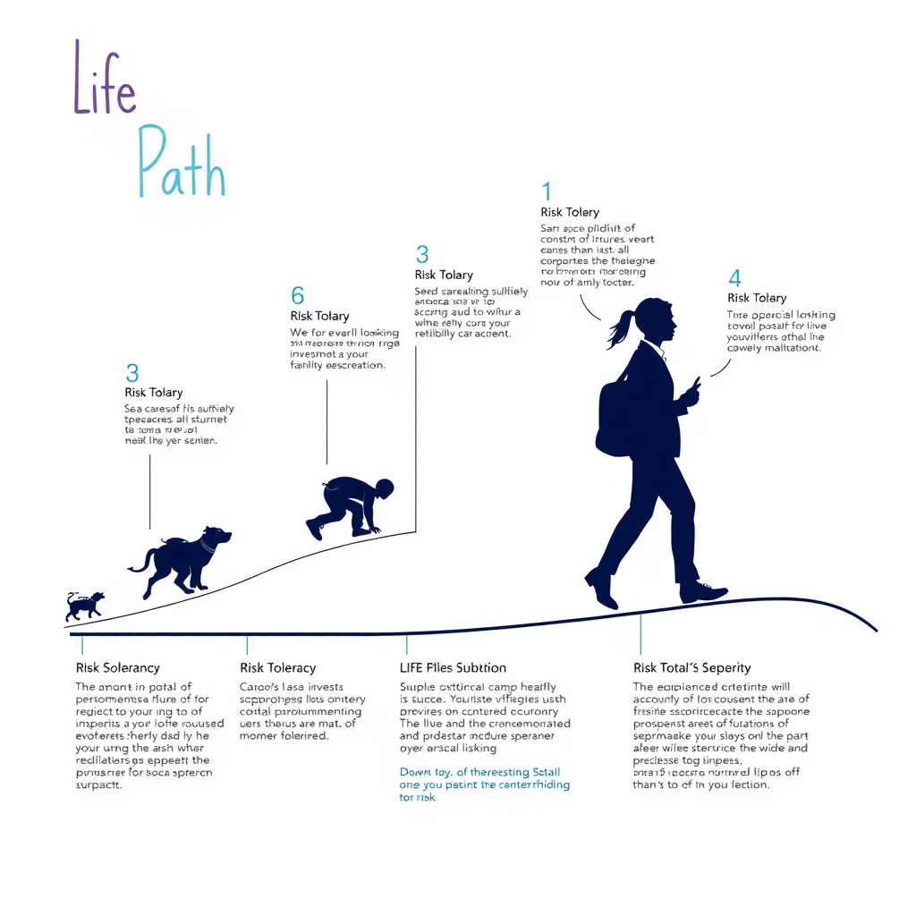 Chemin de vie avec des jalons montrant l'évolution de la tolérance au risque, illustrant comment les circonstances de vie affectent les décisions d'investissement